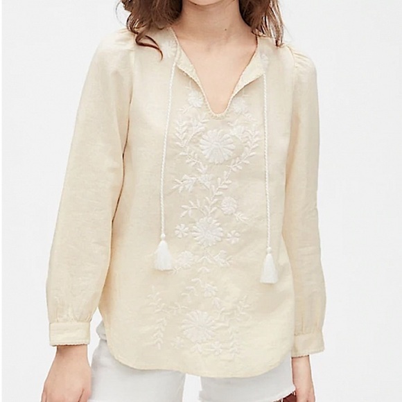 Gap Embroidered Tie-Front long sleeve Top linen cotton blend size large - Picture 1 of 8
